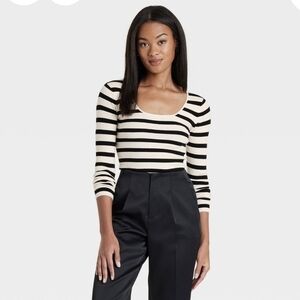 Womens A New Day Squared Neck Line Striped Black and Cream Sweater